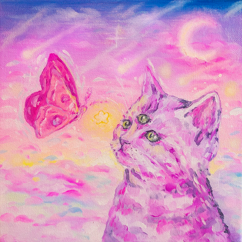 Kitten and Moth Original Canvas